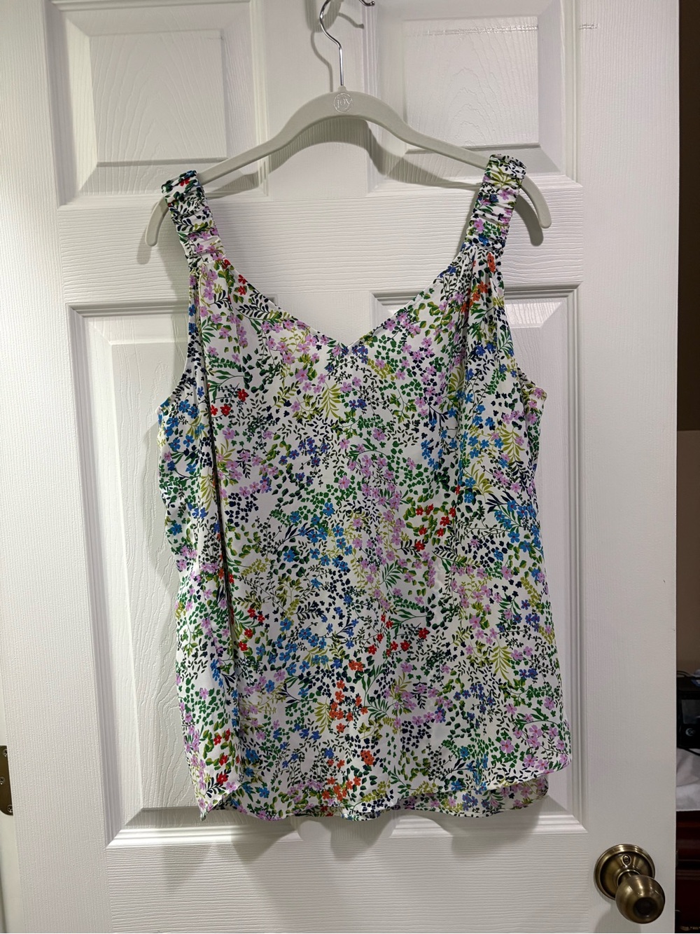 CAbi White Floral V-Neck Sleeveless Camisole - Green Blue Purple Red